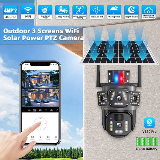 3 Screen Dual Lens Solar Powered Surveillance Camera